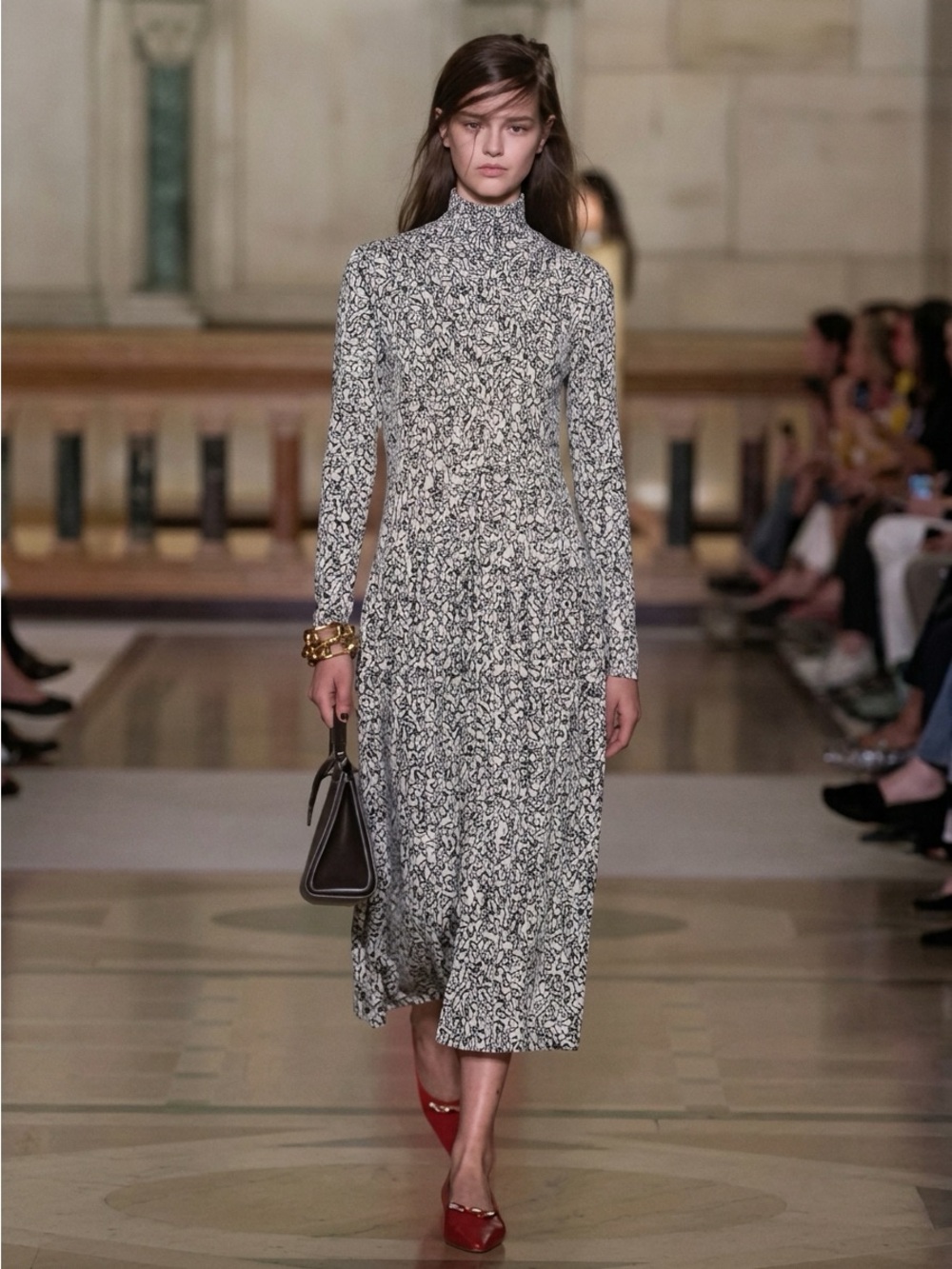 COS Abstract Print Mock Neck Turtleneck Cotton Maxi Dress Long Sleeve Size L